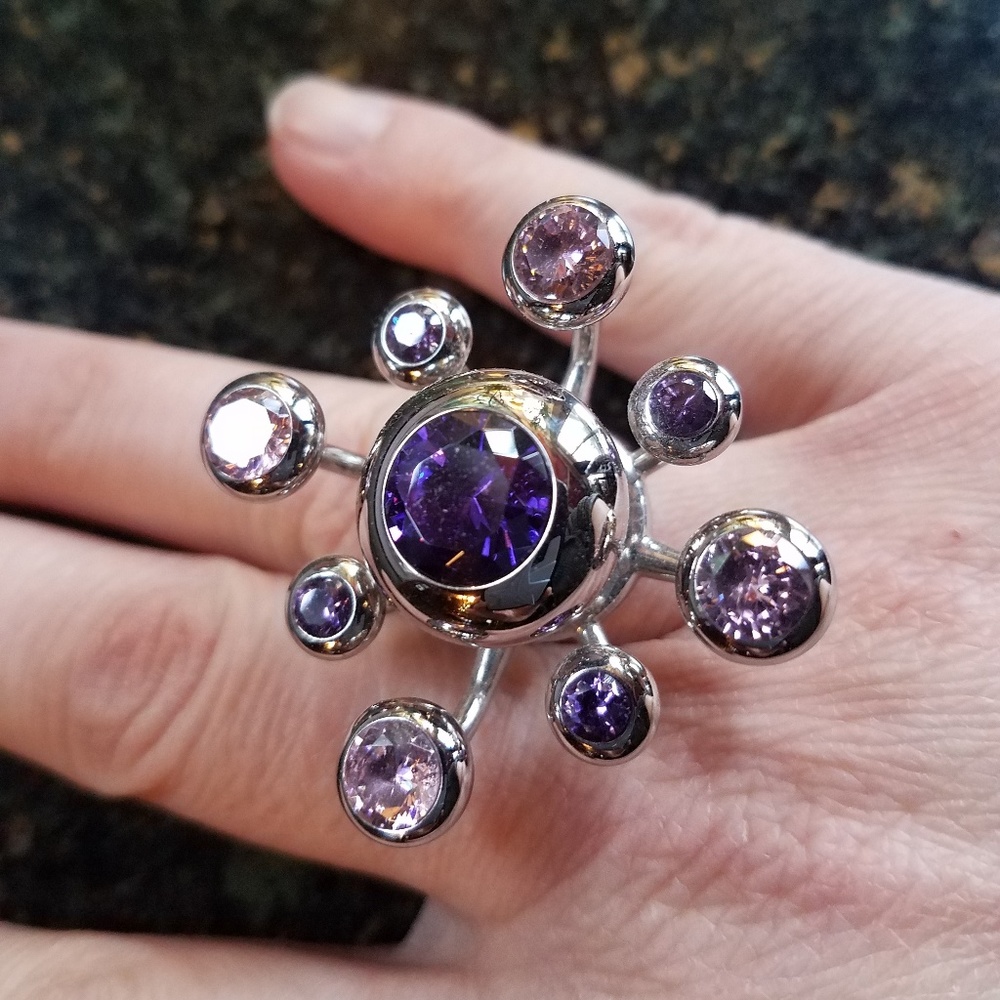 Italian Mod Chrome Crystal Starburst Cocktail Ring